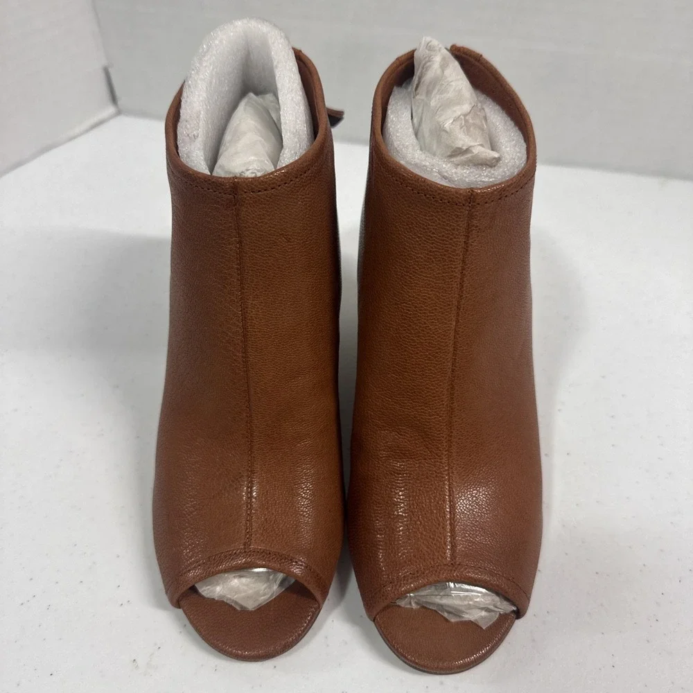 Nine West Leather Wedge Heel Booties Size 5M Brown Peep Toe Shoes Back Zip NEW